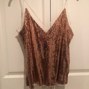 Copper sequin & lace tank top